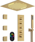 20 Inch Ceiling Mount Led Shower Head With Bluetooth Speaker Handheld Sprayer Brushed Gold Finish control panel and sprayers set.