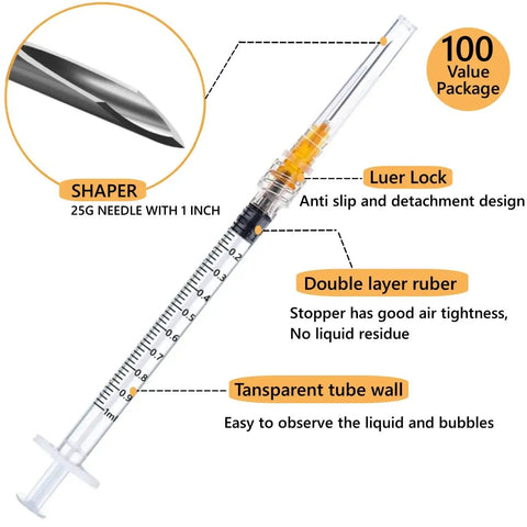 Premium 100 Pack 1Ml Luer Lock Syringes With 25Gauge Needles, Heavy Duty Industrial Disposables with transparent tube and anti-slip design.