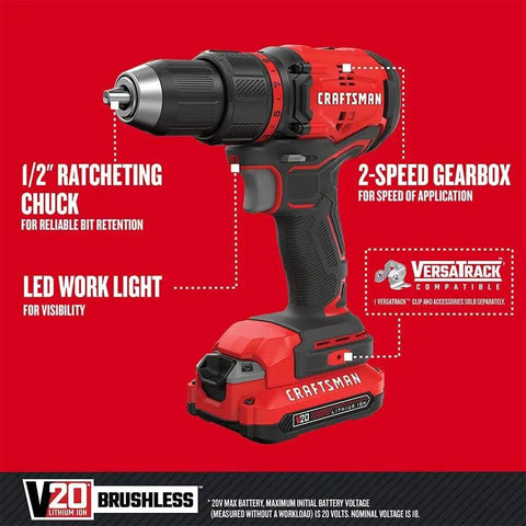 V20 Cordless Drill and Driver Kit Half-Inch Brushless Motor 350 UWA with 2-speed gearbox and LED work light