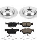 Front view of PowerStop rear brake kit: two rotors and four ceramic brake pads with hardware