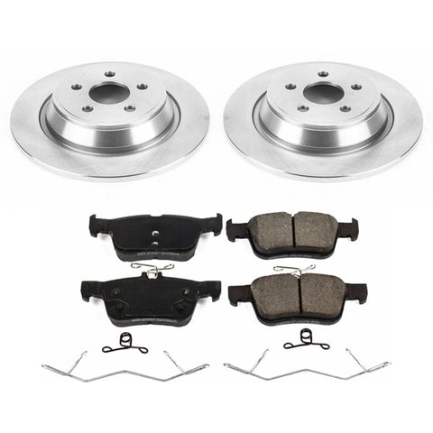 Front view of PowerStop rear brake kit: two rotors and four ceramic brake pads with hardware