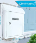 Weatherproof Wall Mount Locking Mailbox With Galvanized Steel Drop Box And Metal Flap shown on house exterior with dimensions