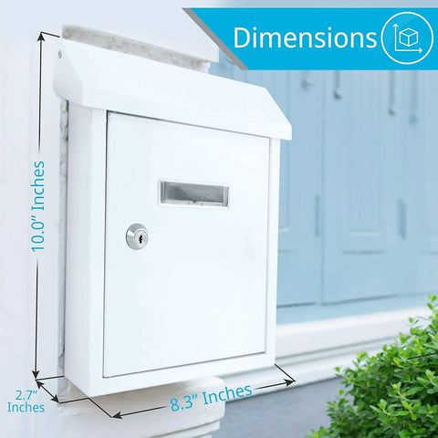 Weatherproof Wall Mount Locking Mailbox With Galvanized Steel Drop Box And Metal Flap shown on house exterior with dimensions