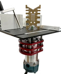 Premium Rock Solid Manual Router Lift System With Table Saw Insert Base Plate, showing height adjustment mechanism and sturdy aluminum frame.