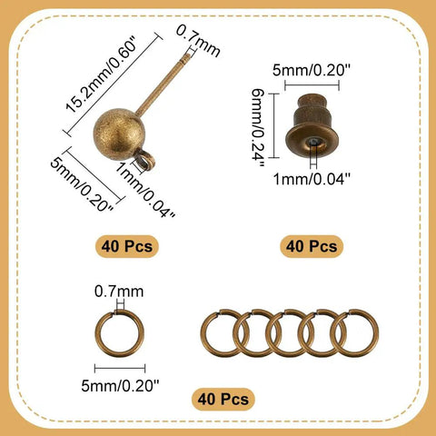 Antique Bronze Ball Stud Earring Findings Set With Horizontal Loops Ear Nuts And Iron Jump Ring 40 Pcs For Jewelry Making 15mm DIY Craft Supplies Kit Essentials, 5mm