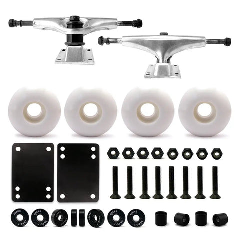 5.0 Skateboard Trucks Silver Kit With 52mm Wheels Abec 7 Bearings 1 Inch Hardware 2mm Riser Pads Spacers
