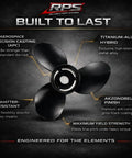 Infographic of 13x19 Heavy-Duty Aluminum Propeller for Outboard Motors 40-150HP with durability features and Flo-Torq II Hub Kit.
