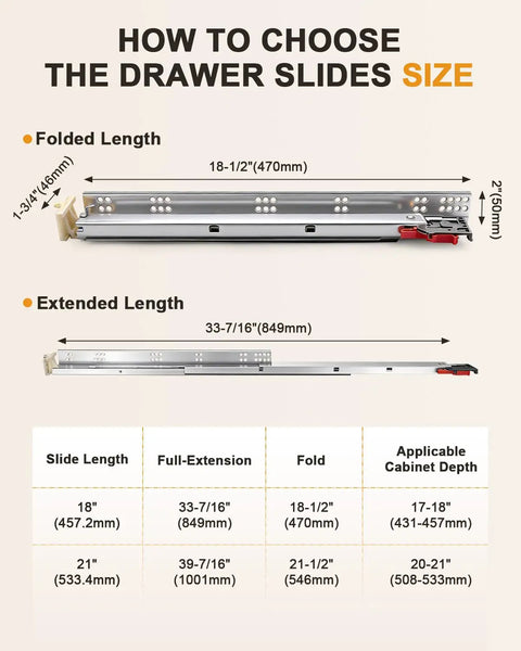 18 Inch Soft Close Undermount Drawer Slides 2 Pairs With Concealed Rear And Bottom Mount Rails Extension Smooth Glide For Easy Access Quiet Operation Cold Rolled Zinc Plated Steel Great For Face Frame Or Frameless Cabinets Includes Locking Screws, size chart