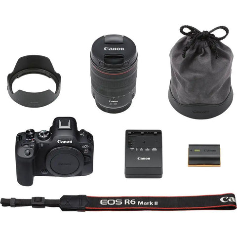 R6 Mark II Full Frame Mirrorless Camera Kit With RF 24-105mm F4 L IS USM Lens, charger, battery, lens pouch, and strap