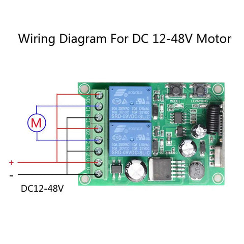 Circuit board and wiring diagram for Two Channel Wireless Remote Switch Kit 12V 24V 36V 48V 433MHz Transmitter With Receiver.