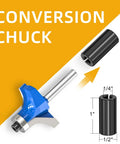 Top Shelf 7 Piece 1/4 Inch Shank Roundover Router Bit Set featuring conversion chuck and size specifications for easy use.