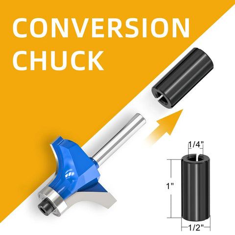 Top Shelf 7 Piece 1/4 Inch Shank Roundover Router Bit Set featuring conversion chuck and size specifications for easy use.