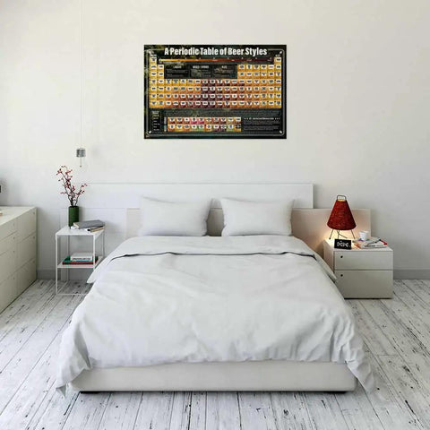 Bedroom with Periodic Table Of Beer Styles Poster Laminated 36.5 By 24.5 Inches on the wall above a bed.