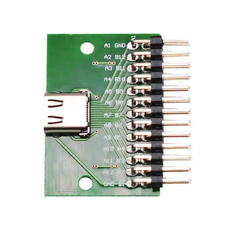USB 3.1 Type C 24 Pin Breakout PCB Board single piece with labeled pins and through hole mounts