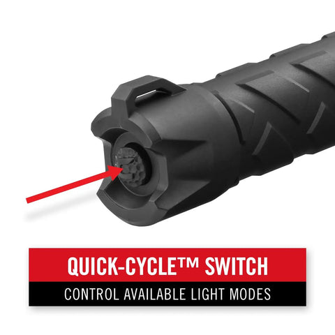 Close-up of the Quick-Cycle switch on Polysteel 600 Focusing LED Flashlight With 740 Lumens, Rugged 8-Inch Full-Size Power Beam.