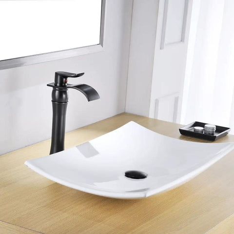 Oil Rubbed Bronze Vessel Sink Faucet With Waterfall Spout Farmhouse Single Hole Bathroom Faucet Pop Up Drain Single Handle Lavatory Mixer Tap