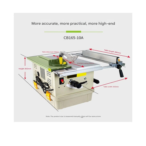 Heavy Duty Mini Table Saw With Sliding Fence And Smokin Hot High Speed Motor For Clean Smooth Cuts Without All That Dust Cloud Hassle In Your Backyard Workshop Setup with dimensions and features.