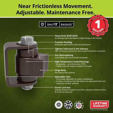 Heavy Duty Weld On Gate Hinge With Smooth Swinging Action And Precision Bearings For Heavy Duty Fences and Commercial Gates Built Like A Tank In The Usa Weatherproof Finish Comes As One Piece, featuring heavy duty shaft and adjustable yoke.