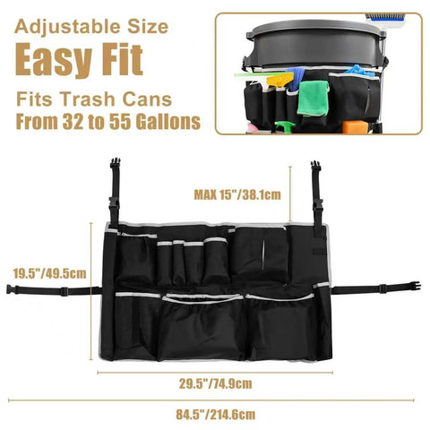 Upgraded Large Trash Can Caddy Bag With Multi Pocket Organizer For 32 To 55 Gallon Bins Turns Your Garbage Bin Into A Mobile Cleaning Station Ideal For House Cleaners And Janitorial Duties Gray Edge