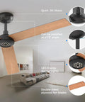 Modern 52" Indoor Ceiling Fan with LED Light Kit, Reversible DC Motor, Double-Sided Plywood Blades & 3-Color Dimmable Lighting installed at 12° angle.