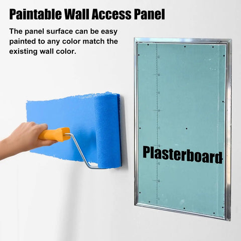 Smooth Finish Paintable Flush Mount Plumbing Access Panel For Drywall Sheetrock Hidden Wall Door With Easy Spring Loaded Pop Out Mechanism 36 By 40 Inches Tough Aluminum Frame, showing painting process.