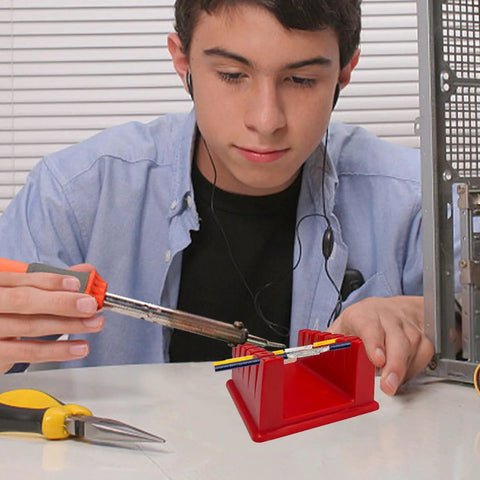 Person soldering electronics with 2 Pack Soldering Station Clamp Helping Hands With Magnetic Base And 5 Wire Slots For 30AWG To 12AWG Wires
