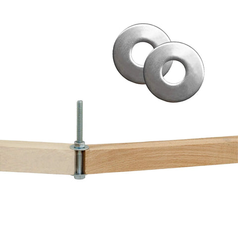 Two stainless Fender flat washers, 1 in OD, 3/8 in hole, 0.080 in thick; bolt and nut on wood.