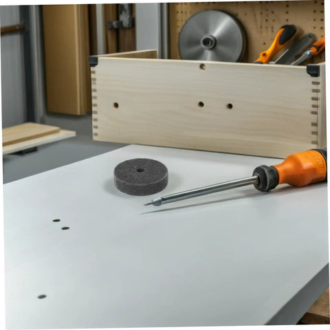 Six Piece Nylon Buffing Wheels With 10mm Hole For Furniture Polishing And Delicate Burnishing Jobs That Look Fresh Without Gouging The Surface on a workshop table.