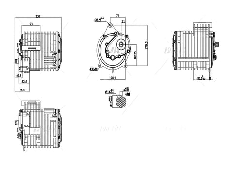 Technical drawing of Mid Drive Electric Motor 3000W V3 QS138 70H with internal reduction gears for motorcycle moped dirt bike.
