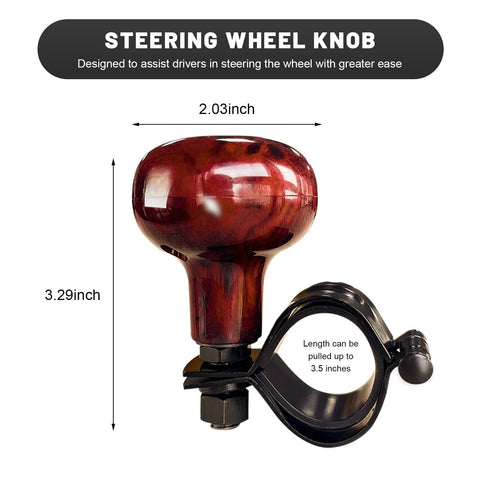 Woodgrain Steering Wheel Spinner Knob For Cars One Handed Turn Aid Anti Slip Ball Handle Smooth Turning Assist Fatigue Fighting Steering Helper Easy Grip Brown Finish shown with measurements