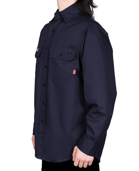 Side view of Light Weight Flame Resistant Shirt For Men CAT2 6.5oz Navy Fire Retardant Welding Shirt NFPA2112 Certified
