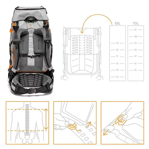 PhotoSport Pro 55L Camera Backpack front view, dark and light gray, M/L size; illustration shows 55L capacity and ergonomic fit.