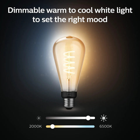Smart Filament LED Bulb 60W Equivalent White Ambiance Warm to Cool, 2 Pack, 550 Lumens, E26 Indoor shown with dimming control.