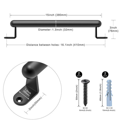 Diagram showing 17 Inch Barn Door Pull Handle For Sliding Doors And Gates, Heavy Duty Metal Fence Gate Pull, black finish, with dimensions and hardware included.