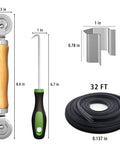 4 In 1 Screen Repair Kit With Roller Tools Bearing Removal Hook Clips Spline And Step By Step Manual For DIY Home Mesh Install And Replace On Doors And Windows showing roller tool, hook, clips, and spline.