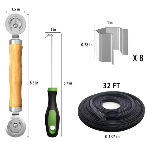 4 In 1 Screen Repair Kit With Roller Tools Bearing Removal Hook Clips Spline And Step By Step Manual For DIY Home Mesh Install And Replace On Doors And Windows showing roller tool, hook, clips, and spline.