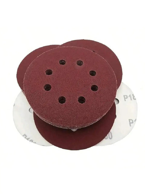 Grab These Awesome 50 Piece 5 Inch Sanding Discs With Eight Holes For Rock Solid Wood Metal Paint Smoothing, showing grit texture.