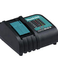 Makita battery charger for 18V cordless tools, compatible with LXT Compact Cordless Two Piece Combo Kit, black and teal design.