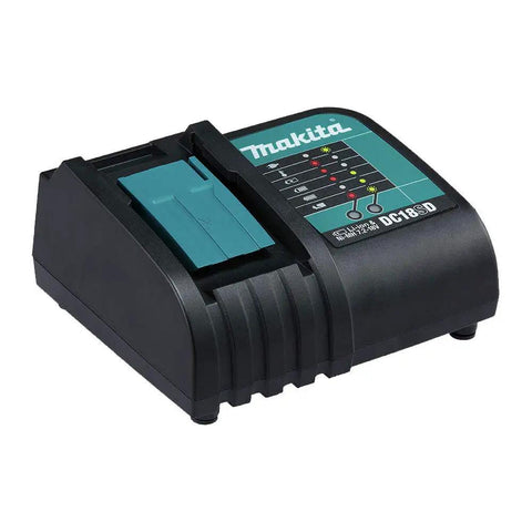Makita battery charger for 18V cordless tools, compatible with LXT Compact Cordless Two Piece Combo Kit, black and teal design.