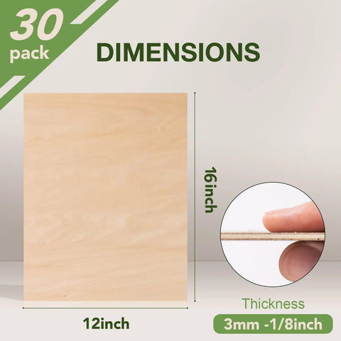 Basswood Plywood Sheets for Laser Cutting and Craft Projects 12x16x1/8 Inch 3mm Thin Plywood Board Unfinished Wood 30 Pack