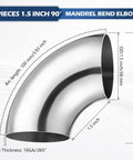 90 Degree Mandrel Bend Elbow Stainless Steel SS304 Pipe Elbow 16 Gauge 0.065 Inch Thick Tube Fittings diagram with measurements