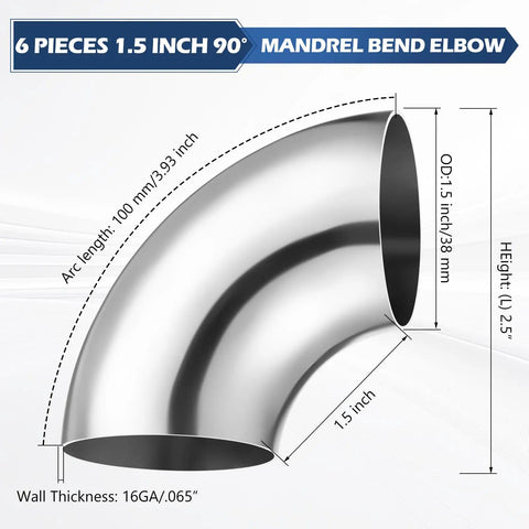 90 Degree Mandrel Bend Elbow Stainless Steel SS304 Pipe Elbow 16 Gauge 0.065 Inch Thick Tube Fittings diagram with measurements