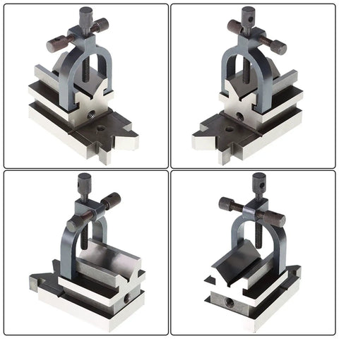 All-Angle V-Block With Clamp Beefy Hardened Steel Machinist Tool For Drilling Milling Grinding Adjustable Side Screw To Prevent Tilting 3-1/2 Inch Long 1-7/8 Inch Wide, four angles