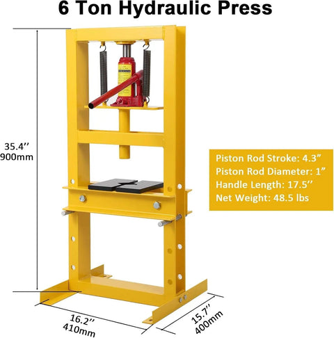 Heavy Duty 6 Ton Hydraulic H Frame Shop Press delivers strong cranking power with a classic yellow build and adjustable features.