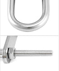 Close-up of marine stainless steel U bolts with nuts and plates, rust-resistant, M6 x 90mm, ideal for boat decks and trailers.