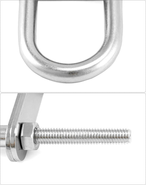 Close-up of marine stainless steel U bolts with nuts and plates, rust-resistant, M6 x 90mm, ideal for boat decks and trailers.