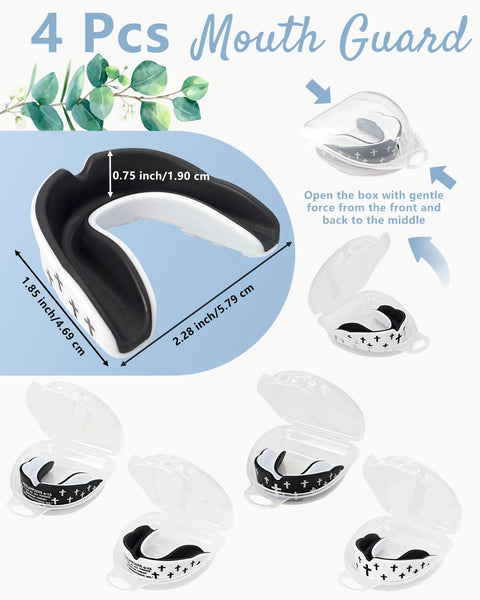 Faith Cross Mouth Guard Set With Case Four Mouth Guards For Football Basketball Boxing Lacrosse Hockey And All Contact Sports Bible Verse Cross Design In Black And White shown with size measurements