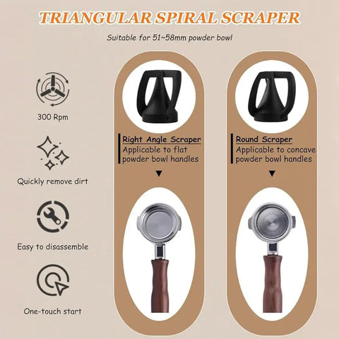 Slick Automatic Electric Espresso Knock Box For No Sweat Portafilter Cleaner And Efficient Coffee Grounds Cleanup with scrapers.