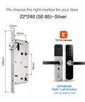 Rock Solid Hella Weatherproof Tuya WiFi Smart Door Lock With Fast Fingerprint Scan And Top Shelf Knock Sensor Doorbell For Next Level Home Security Silver showing dimensions and installation details.