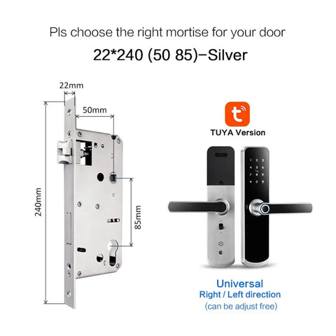 Rock Solid Hella Weatherproof Tuya WiFi Smart Door Lock With Fast Fingerprint Scan And Top Shelf Knock Sensor Doorbell For Next Level Home Security Silver showing dimensions and installation details.